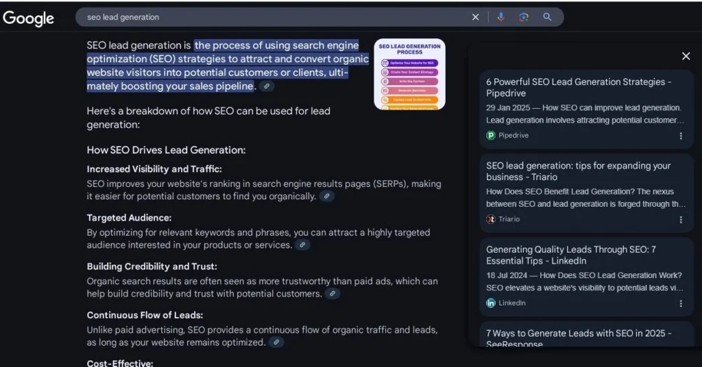 صفحة ال SERP الجديدة من غوغـل بعد تفـعيل SGE تظهر المقتطفات من المقالات المتوافقة مع تحسين محرك البحث التوليدي GEO