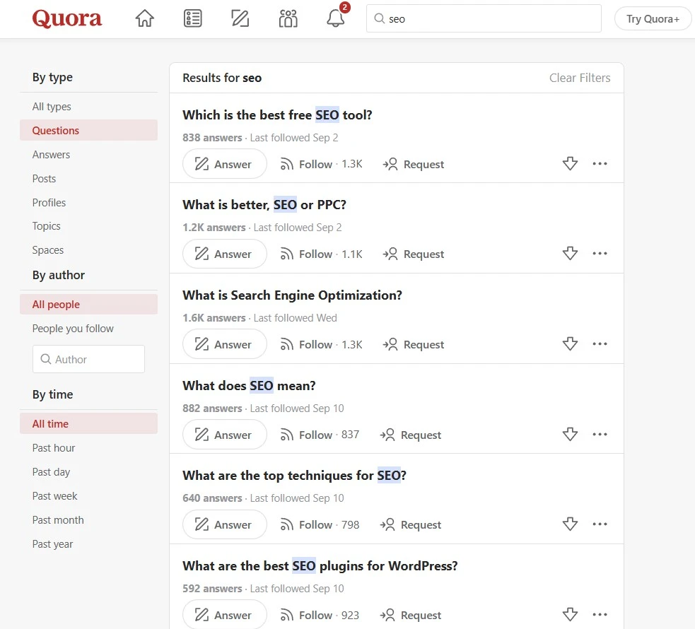 صورة توضح طريقة البحث عن أسئلة الناس على Quora