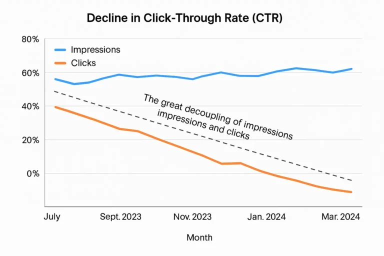 مخطط بياني يوضح انخفاض معدل CTR للشركات التجارية بعد ظهور أدوات الذكاء الاصطناعي